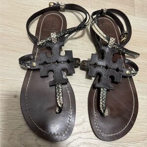 Tory Burch Black and Brown Leather Sandals with Snake Print